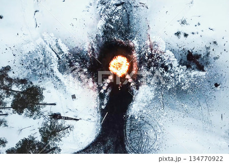 Photo of explosion. Industrial controlled explosion. Imploding works. Photo of explosion. Industrial controlled explosion. Imploding works. 134770922