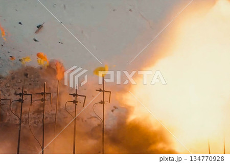 Photo of explosion. Industrial controlled explosion. Imploding works. Photo of explosion. Industrial controlled explosion. Imploding works. 134770928