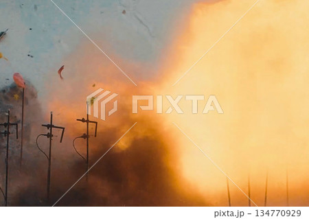 Photo of explosion. Industrial controlled explosion. Imploding works. Photo of explosion. Industrial controlled explosion. Imploding works. 134770929