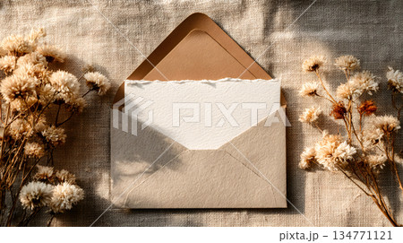 Kraft envelope with blank card and dried flowers 134771121