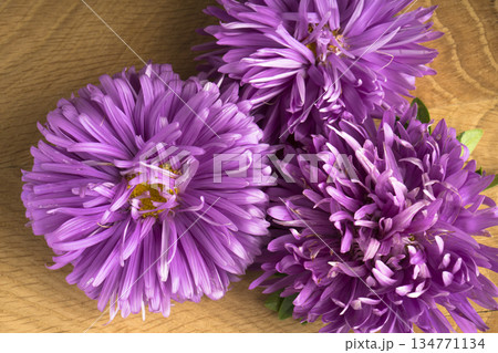 Blooming flowers, three buds of aster, on a wooden board 134771134