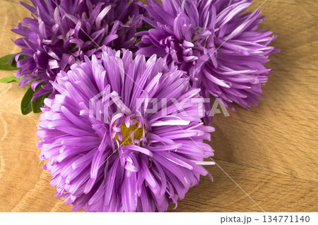 Blooming flowers, three buds of aster, on a wooden board 134771140