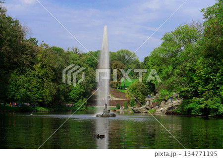 Fountain in the city park in the middle of the lake 134771195