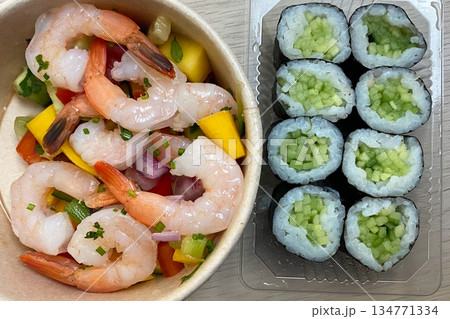 Gourmet Shrimp Ceviche with Cucumber Sushi Rolls 134771334