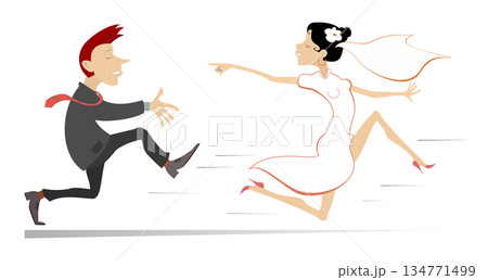 Married wedding couple. Bride runs away from the bridegroom. Upset bridegroom trying to catch up a runaway bride. Running bride looks back and points a finger to the bridegroom trying to catch her 134771499