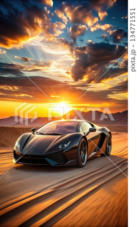 Black Luxury Sports Car Driving Through Desert at Sunset. Generative AI 134771551