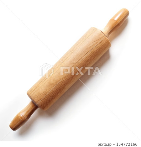 Overhead View of a Wooden Rolling Pin Isolated on White Background. Generative AI 134772166