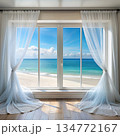 Room With Panoramic Ocean View Through White Sheer Curtains. Generative AI 134772167