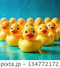 A Row of Yellow Rubber Duckies on a Turquoise Background. Generative AI 134772172