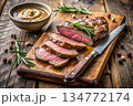 Sliced Rump Steak With Rosemary and Gravy on a Wooden Cutting Board. Generative AI 134772174