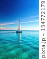Sailboat Navigating Tranquil Turquoise Waters on a Sunny Day. Generative AI 134772179