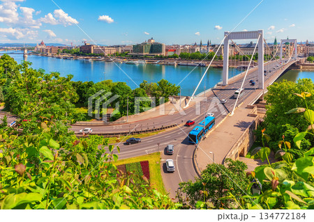 Aerial view of Elisabeth Bridge over the Danube River with historic buildings of the city center, Budapest, Hungary Aerial view of Elisabeth Bridge over the Danube River with historic buildings of the city center, Budapest, Hungary 134772184
