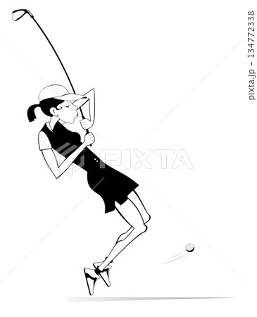 Golfer woman on the golf course. Golf course. Pretty young golfer woman aiming to do a good shot. Black and white illustration Golfer woman on the golf course. Golf course. Pretty young golfer woman aiming to do a good shot. Black and white illustration 134772338