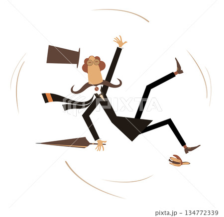 Funny man in the top hat falling banana peel. Cartoon man in the top hat falling down slipping on banana peel	 134772339