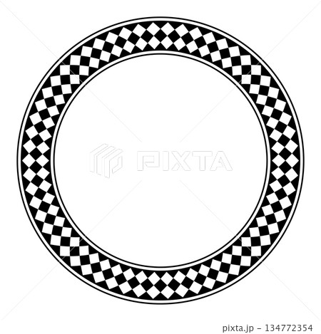 Circle frame with diamond pattern, a decorative checkered border, made of seamless arranged black and white alternating tiles, balanced with two circles inside and out. Isolated illustration. Vector Circle frame with diamond pattern, a decorative checkered border, made of seamless arranged black and white alternating tiles, balanced with two circles inside and out. Isolated illustration. Vector 134772354
