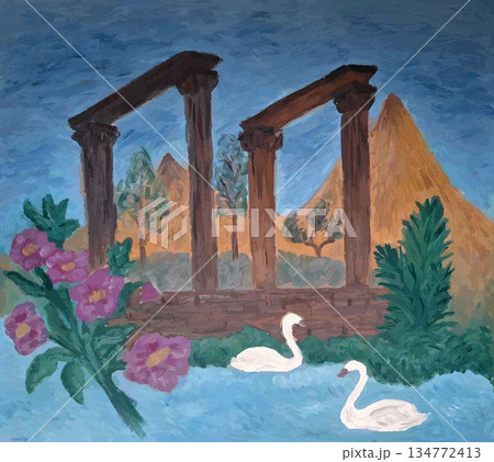 landscape with a beautiful ancients columns, gardens and two swans, flowers 134772413