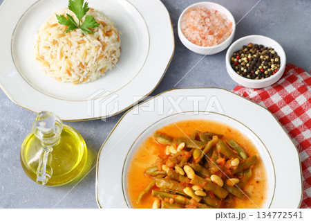 Homemade stewed green beans, tomatoes, garlic with olive oil. Zeytinyagli fasulye traditional food 134772541