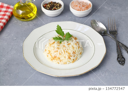 Traditional Turkish Rice Pilav. Plain Pilaf Portion Served. Organic Food. Turkish style rice pilaf Traditional Turkish Rice Pilav. Plain Pilaf Portion Served. Organic Food. Turkish style rice pilaf 134772547