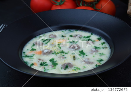 Meatball soup with carrot and potatoes named eksili terbiyeli sulu kofte or eksili kofte Meatball soup with carrot and potatoes named eksili terbiyeli sulu kofte or eksili kofte 134772673