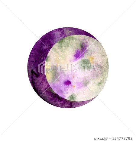 Artistic watercolor composition of overlapping full moons with layered textures and cosmic color blends. Expressive lunar artwork perfect for astrology graphics, modern posters, mystical branding, and 134772792
