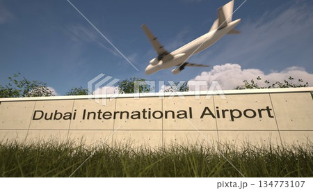 Arrivals at Dubai International Airport with airplane landing near terminal, Dubai, United Arab Emirates 3D rendering Arrivals at Dubai International Airport with airplane landing near terminal, Dubai, United Arab Emirates 3D rendering 134773107