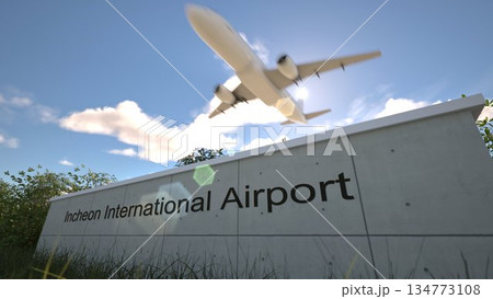 Departures at Incheon International Airport with airplane leaving overhead, Seoul, South Korea 3D rendering 134773108
