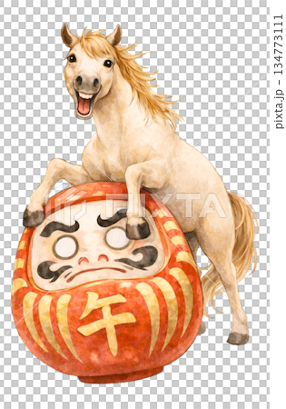 日式插畫,十二生肖馬騎在達摩不倒翁上。新年吉祥物。透明材質(無眼睛)。 日式插畫,十二生肖馬騎在達摩不倒翁上。新年吉祥物。透明材質(無眼睛)。 134773111