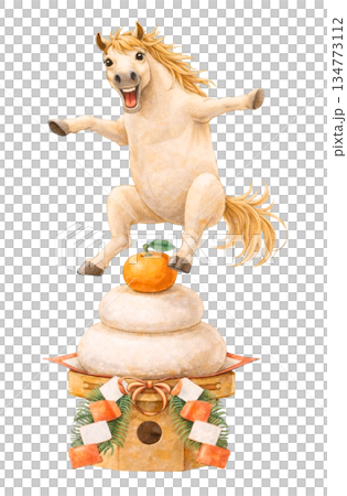 十二生肖馬躍上鏡餅 日本新年插畫 透明材質 134773112