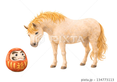 干支の馬とだるまの和風イラスト 正月の縁起物 透過素材 134773113