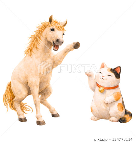 干支の馬と招き猫の和風イラスト 正月・縁起物の透過素材 134773114