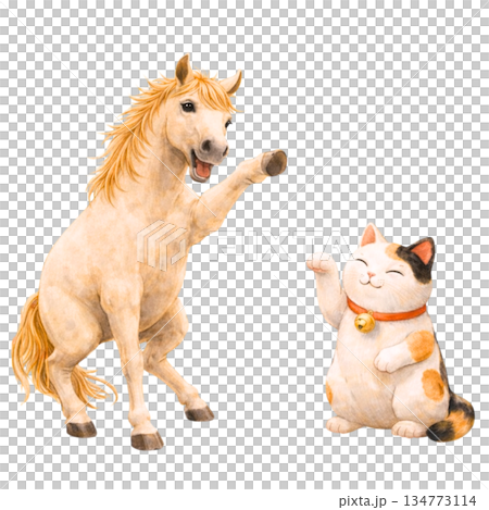 干支の馬と招き猫の和風イラスト 正月・縁起物の透過素材 134773114