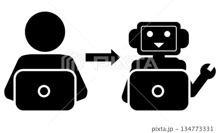 人とロボットが並んでパソコンを操作するRPA(業務自動化)のシルエットイラスト 人とロボットが並んでパソコンを操作するRPA(業務自動化)のシルエットイラスト 134773331