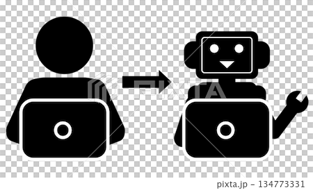 人とロボットが並んでパソコンを操作するRPA(業務自動化)のシルエットイラスト 人とロボットが並んでパソコンを操作するRPA(業務自動化)のシルエットイラスト 134773331