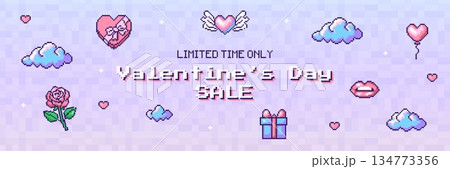 Pixel art Valentines Day sale banner with hearts, clouds, roses, gifts and retro UI text. Perfect for web ads, social media, email promos, digital storefronts and Y2K romantic marketing designs. Pixel art Valentines Day sale banner with hearts, clouds, roses, gifts and retro UI text. Perfect for web ads, social media, email promos, digital storefronts and Y2K romantic marketing designs. 134773356