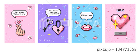 Cute pixel art Valentines Day poster set in Y2K style with pastel pink, lavender and sky-blue palette. Perfect for cards, social media, stickers, digital invitations and kawaii love-themed designs 134773358