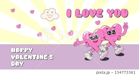 Retro groovy Happy Valentine's day banner template with hippie lovely hearts characters. Vector funky cartoon romantic 60s, 70s background for header of website, poster, cover, print. Retro groovy Happy Valentine's day banner template with hippie lovely hearts characters. Vector funky cartoon romantic 60s, 70s background for header of website, poster, cover, print. 134773361