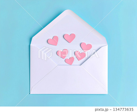 White sheet of paper for text. Post envelope with cute red hearts decoration. Valentine's Day concept. White sheet of paper for text. Post envelope with cute red hearts decoration. Valentine's Day concept. 134773635