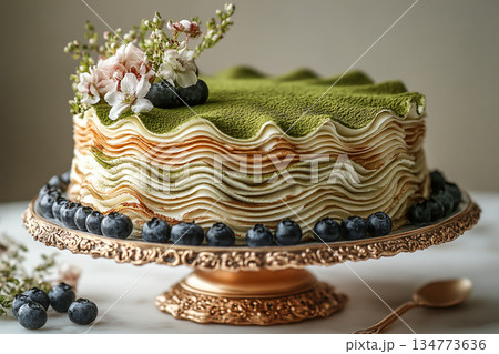 For social media use. Japanese matcha mille crepe cake with blossoms. Asian cuisine content. Cultural and global dessert. For social media use. Japanese matcha mille crepe cake with blossoms. Asian cuisine content. Cultural and global dessert. 134773636