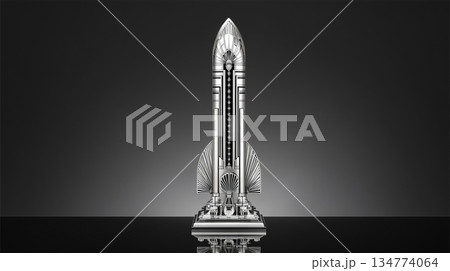 シルバーメタルのレトロフューチャーロケット｜近未来デザインが映える重厚な模型オブジェ 134774064