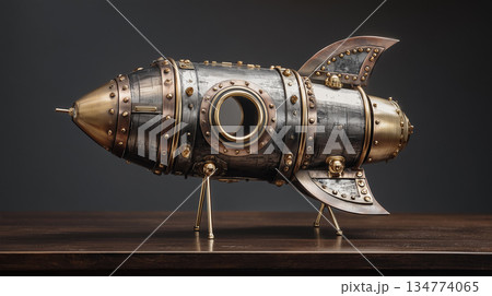 横向きスチームパンクロケット模型｜重厚な金属装飾が際立つレトロフューチャーデザイン 134774065