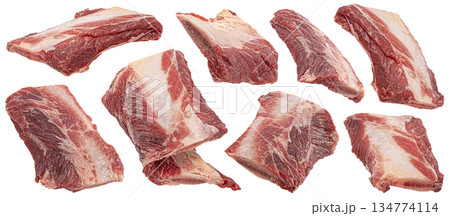 Raw beef rib pieces isolated on white background, fresh meat cuts ideal for soup, broth, stew, butcher packaging and meat advertising, full depth of field 134774114