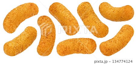 Crispy corn sticks snack, crunchy texture with salted coating isolated on white background, full depth of field 134774124