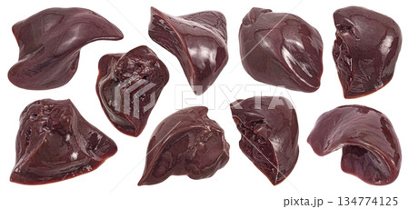 Raw chicken liver pieces isolated on white background with clipping path, full depth of field Raw chicken liver pieces isolated on white background with clipping path, full depth of field 134774125