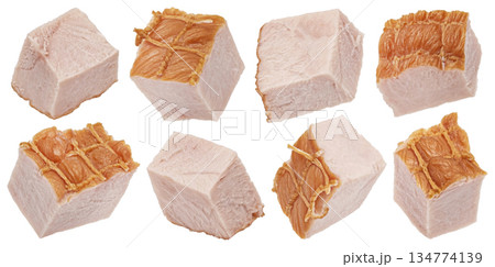 Smoked ham cubes in smoking net isolated on white background with clipping path, full depth of field 134774139
