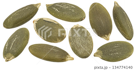 Pumpkin seeds isolated on white background, collection, full depth of field 134774140