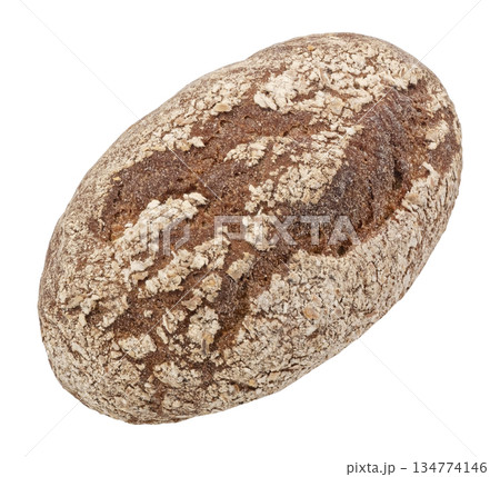 Rustic rye bread loaf isolated on white background with crisp baked crust texture, full depth of field 134774146