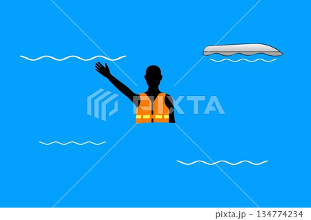 ライフジャケットを着用して救助を待つ人 134774234