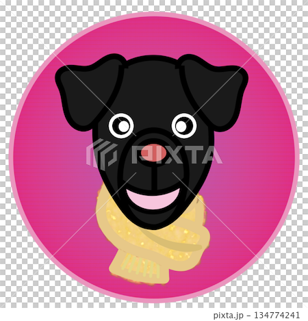 Illustration of a dog's face wearing a scarf with a circular background Illustration of a dog's face wearing a scarf with a circular background 134774241