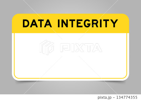 Label banner that have yellow headline with word data integrity and white copy space, on gray background 134774355