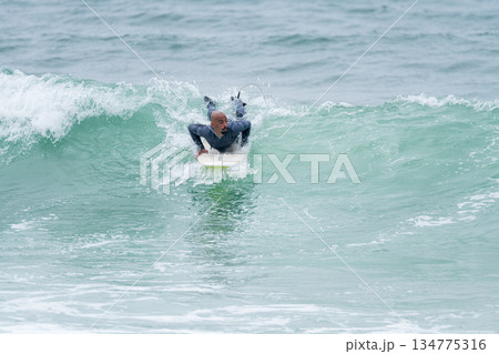 Surfer riding waves 134775316